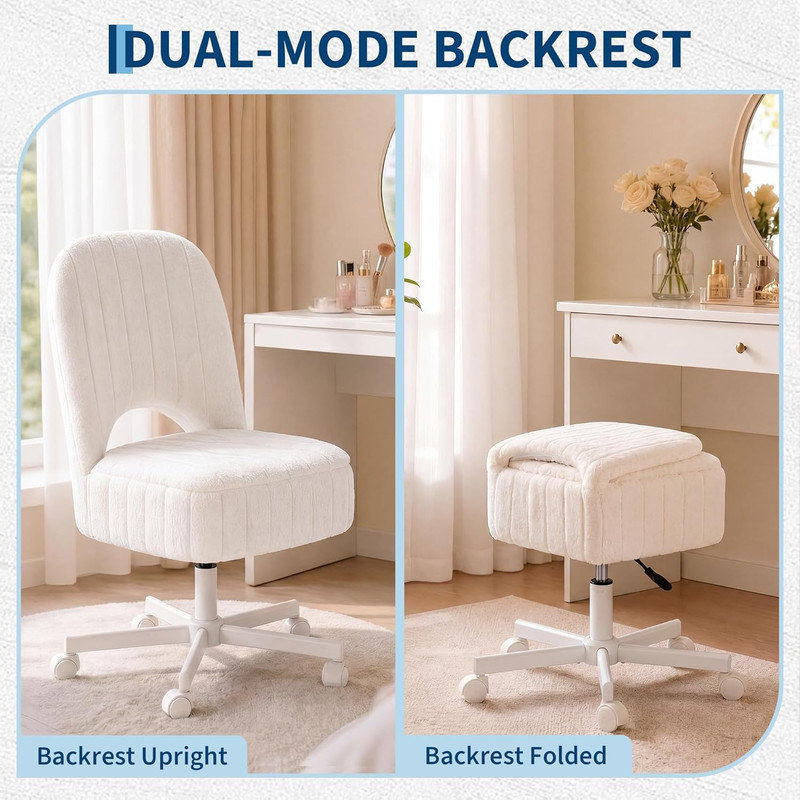 Tabouret de rangement avec hauteur réglable, pivotant à 360 °, dossier rabattable et roues silencieuses, repose-pieds en fausse fourrure