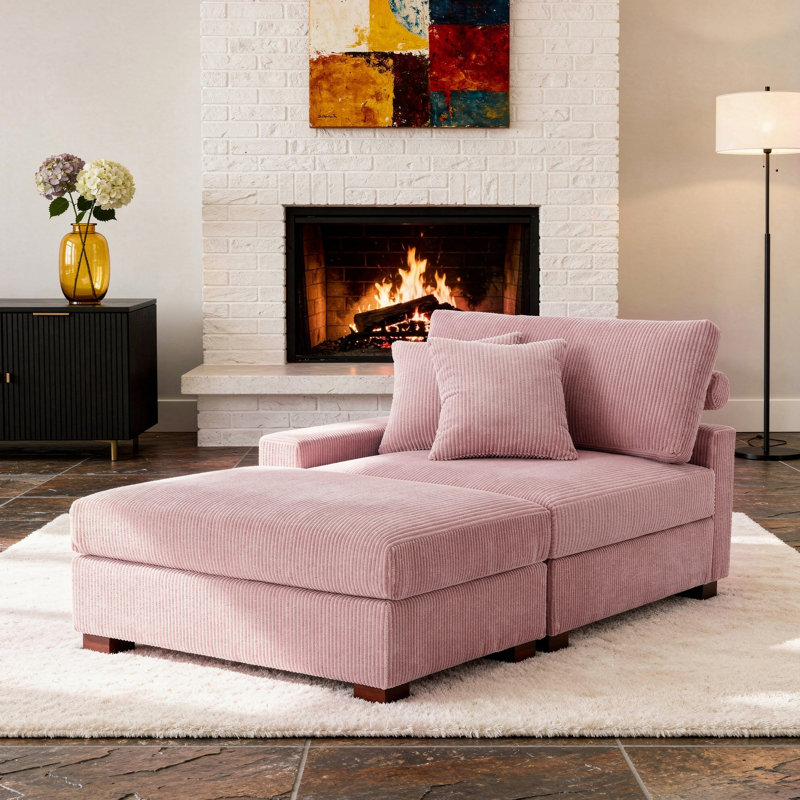 Chaise longue rembourrée en velours côtelé avec accoudoirs et coussins décoratifs, Left Hand Facing, Rose