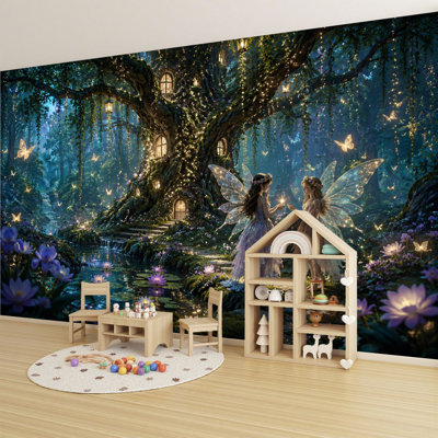 Peel and Stick Wallpaper Glow Forest Fairies Luminescent Willow Tree Wall Murals 69"H x 96"W Removable PVC Wall Paper Self-Adhesive Wall Decor for Bedroom Living Room Home Office