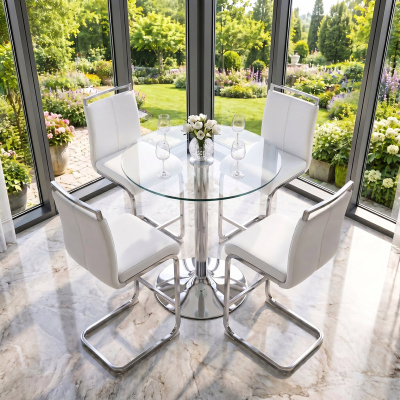 Ensemble de salle à manger 5 pièces à hauteur de comptoir, Ensemble de cinq pièces : table, quatre chaises, Blanc