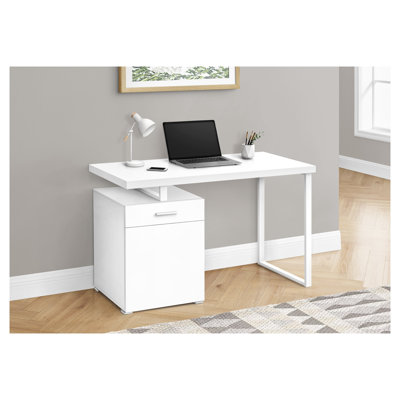 White Computer Desk with Drawer and Storage Compartment, Reversible Setup, Particle Board Home Office Workstation
