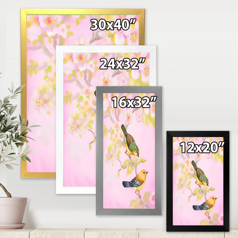Beautiful Beautiful Bright Birds on Branch - Peinture sur toile encadrée, H 32 po x l 24 po x P 1 po, Encadrement doré