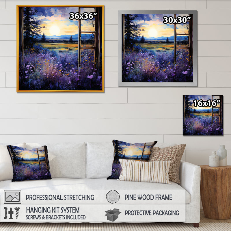 Lavande Horizon Country Side Windows I - Farmhouse Windows, art mural, Cadre flottant blanc, H 16 po x l 16 po x P 1 po