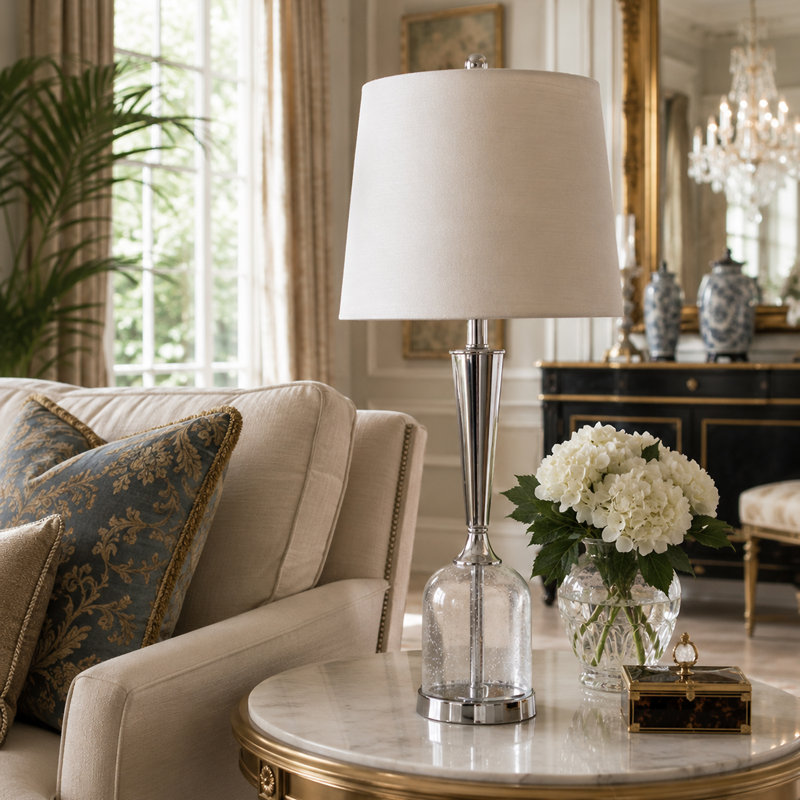 32" Clear Seeded - Glass Table Lamp - White Shade