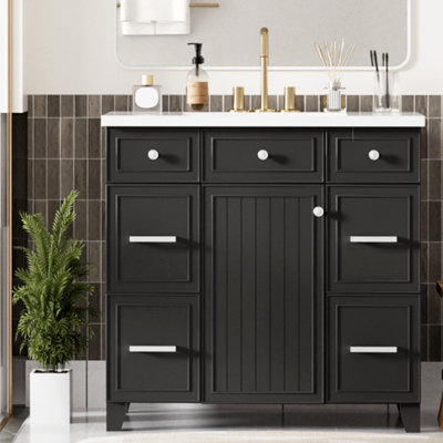 Ensemble de meuble-lavabo de salle de bain 36 "avec comptoir de lavabo, lavabo simple noir, armoire à shaker avec porte à fermeture douce et 3 tiroirs