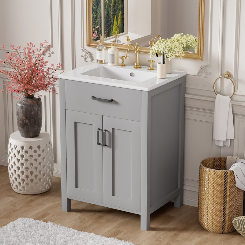 Ensemble de meuble-lavabo 24 po avec lavabo en céramique, durable et facile à nettoyer pour les salles de bain modernes, Gris