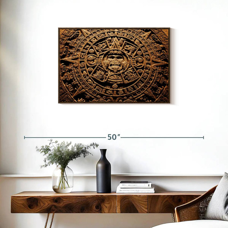 Ancien calendrier aztèque, Cadre flottant en noyer, 31 po x 21 po