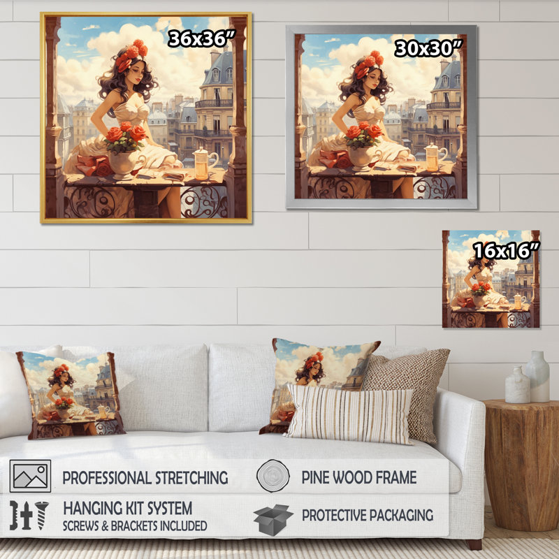Portrait d'une femme à Paris IV sur toile, H 16 po x l 16 po x P 1 po, Cadre doré à une seule photo