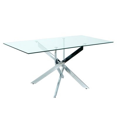 63" Rectangle Glass Dining Table for 4-6 Modern Glass Tabletop Kitchen Table for 4-6 Luxury Dining Room Tables with Metal Base for Home Kitchen Dining Room