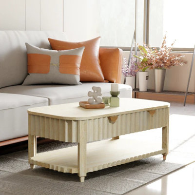 Table basse moderne en bois massif avec tiroirs cachés et tablette de rangement - Finition blanchie, conception cannelée, table basse de salon
