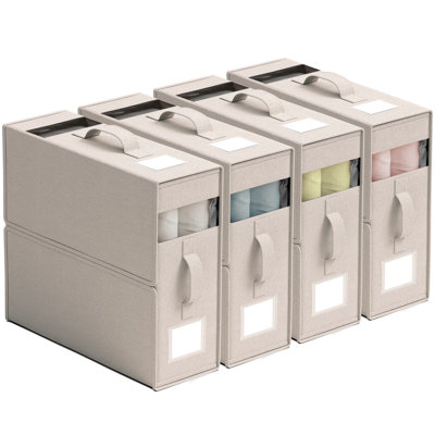 4 Pack Linen Bed Sheet Organizer Bins  – Sheet Storage Bins with 2 Handles, Clear Window & Label Pockets, Foldable Closet Organizer for Queen & King Bedding & Linens