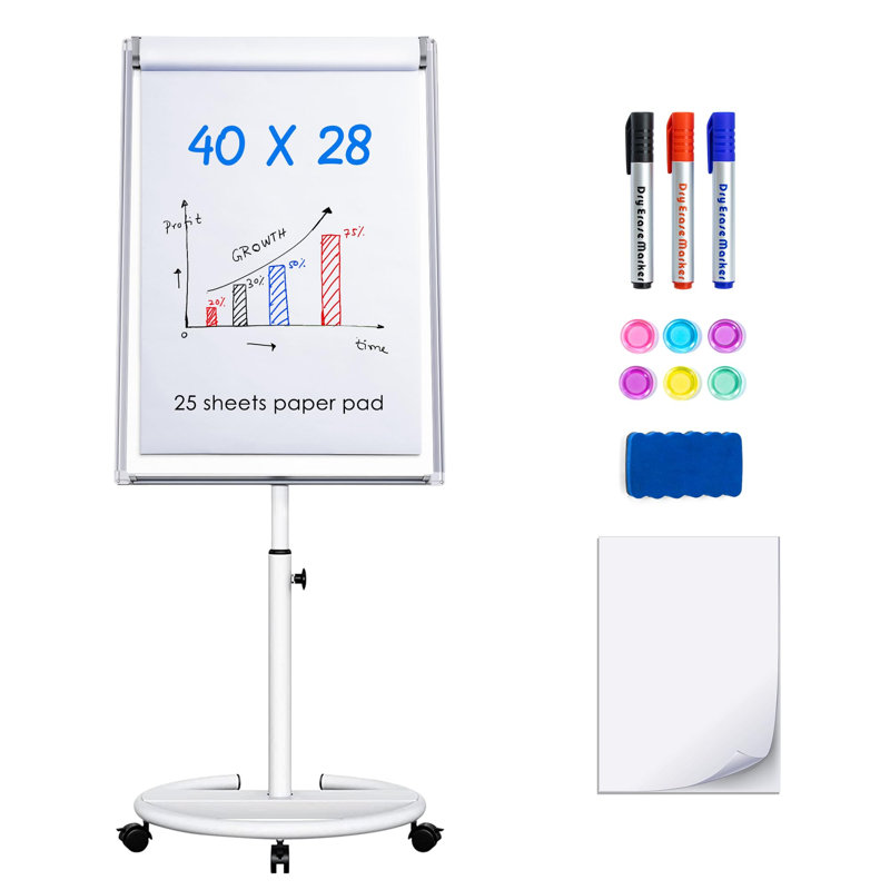 Tableau blanc magnétique autoportant 40 po x 28 po avec pince élastique et bloc de papier 25 feuilles, réglable en hauteur