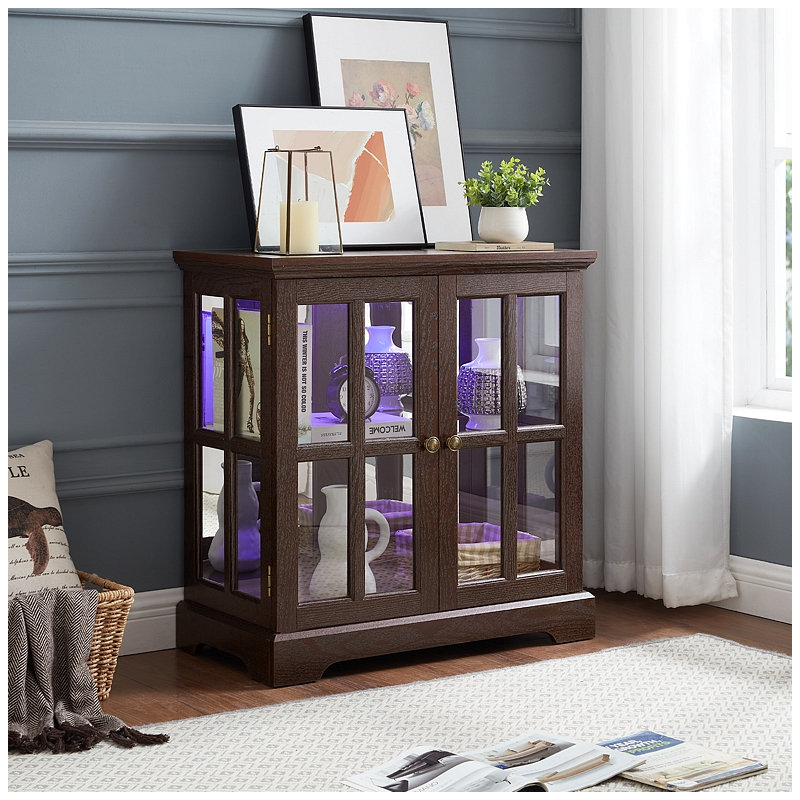 LED Curio Display Cabinet,Antique Display Cabinet With Adjustable Shelves,Retro Design Quality Showcase With Lattice Doors Elegant Bookcase And Storage Cabinet