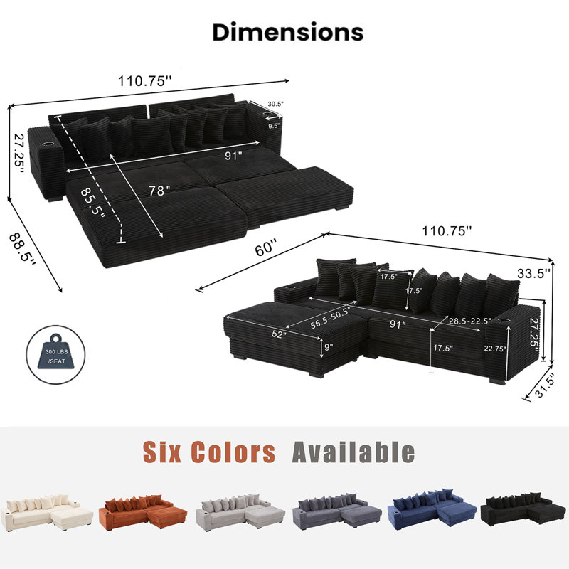 110.75" Modular L Shaped Sofa, Corduroy Fabric Sectional Couch,With A Movable Footstool, Cup Holders,Bring 8 Throw Pillows,Side Pocket,Unfold Into A Bed