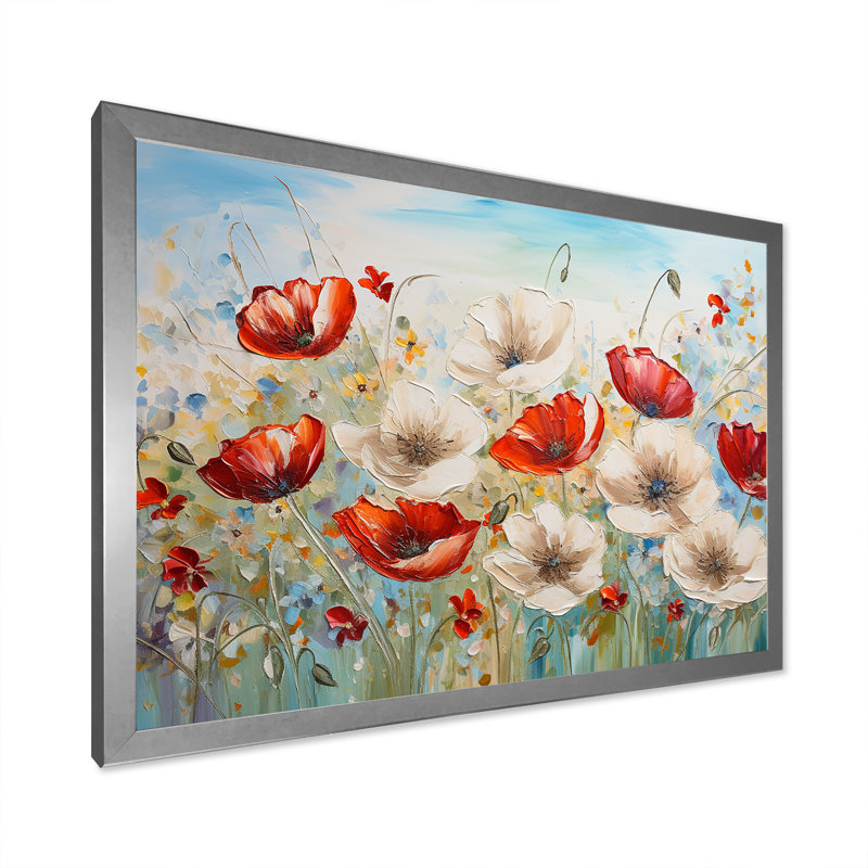 «Red Poppies Blossoming I» sur toile, Cadre simple argenté, H 34 po x l 44 po x P 1,5 po