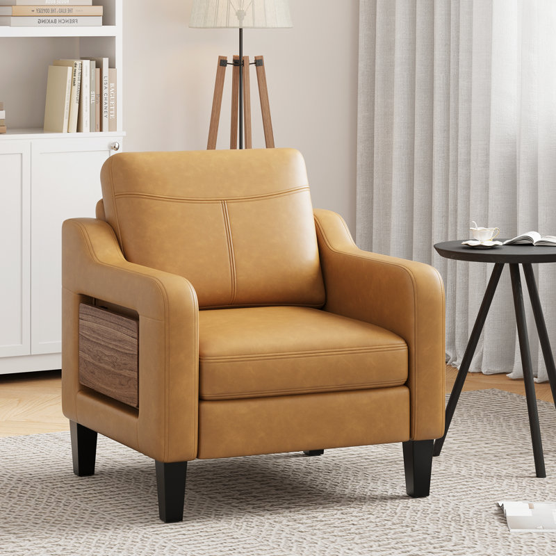 Wide Upholstered Accent Chair Faux Leather Armchair, Brown