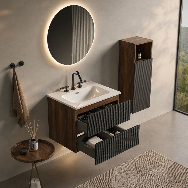 Meuble-lavabo mural noir et noyer Gloria