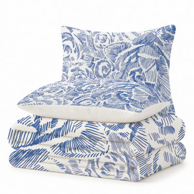 Premium Flannel Lightweight Blanket & 2 Pillow Shams Set with Art Nouveau Blue Ink Rose Floral Motif, Ultra-Soft & Warm Cozy Bedding Set for All-Season, 60" x 80" Blanket + 2 Pillowcases Anti-Pilling & Machine Washable(Set of 3)