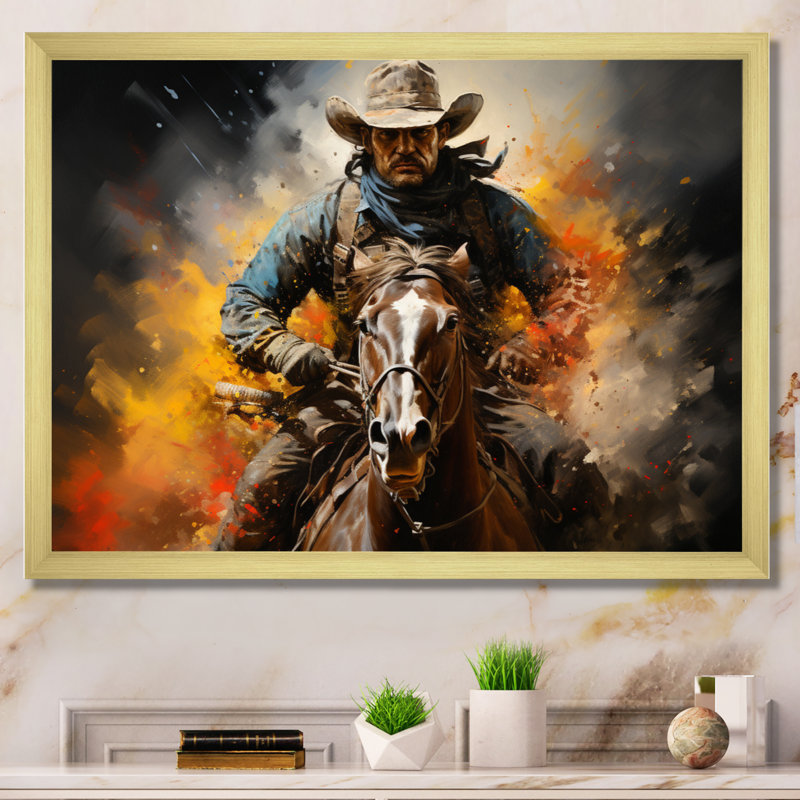 «Western Rodeo Spirit Pointillism Art», reproduction d'art sur toile, H 24 po x l 32 po x P 1 po, Cadre doré