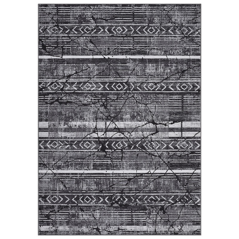 Washable Living Room Rug 8 x 10 Geometric Accent Carpet Non-Slip Backing Modern Marble Area Rug Black Gray, Black
