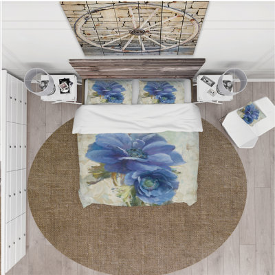 Blue Anemone Flower - Ensemble de housse de couette Floral Farmhouse - Microfibre de polyester