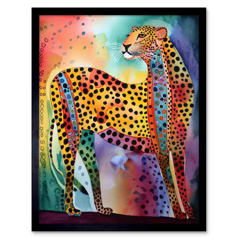 Colourful Cheetah Folk Art Watercolour Painting Artwork Framed Wall Art Print 9X7 Inch