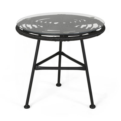 Outdoor Glass Top Faux Rattan Side Table,Tempered Glass Top End Table For Balcony Porch Deck