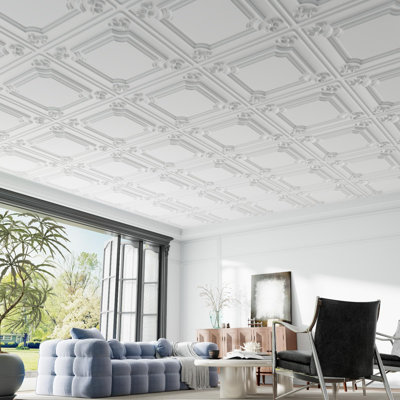 LooYee 24 PCS White Ceiling Tiles 24x24 Inch, French Style 3D Decorative Ceiling Panels 2x2Ft PVC Waterproof Washable Plastic Material Ideal for Living Room Bedroom Bathroom Garage Cover 96 Sq.Ft
