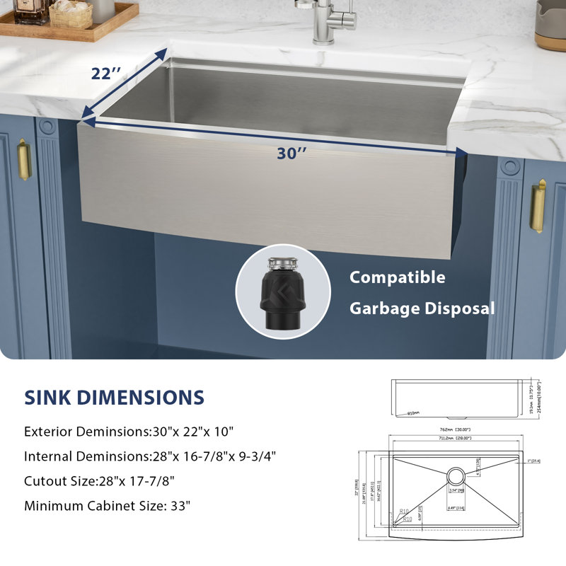 33 Inch Farmhouse/Apron Front Stainless Steel Kitchen Sink Ledge Workstation Single Bowl Farm Sink