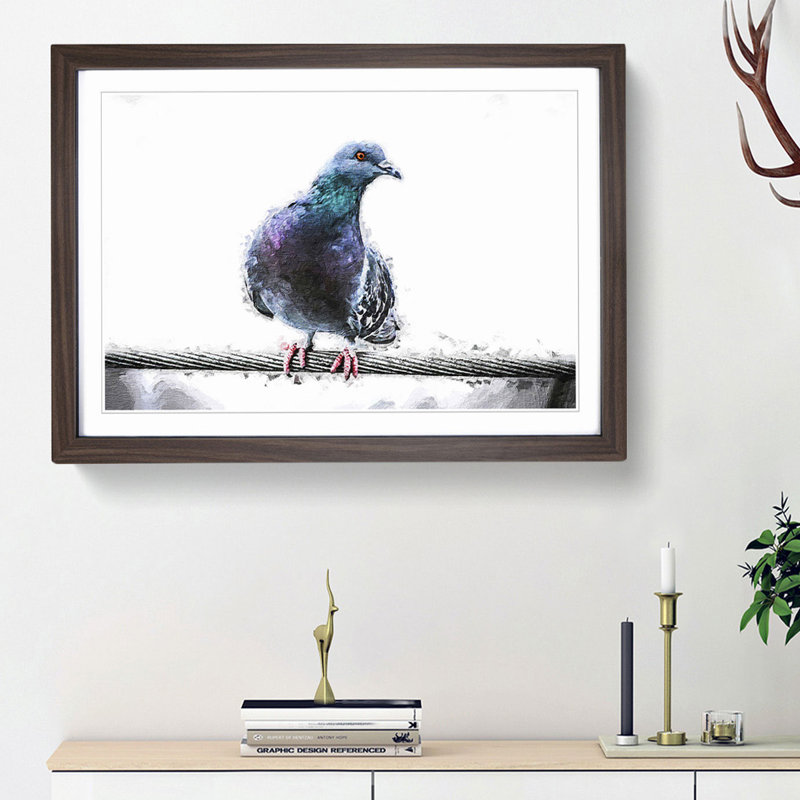 Pigeon Bird on a Wire - Picture Frame Painting Print on MDF, 27cm H x 36cm W x 2cm D, Walnut Framed