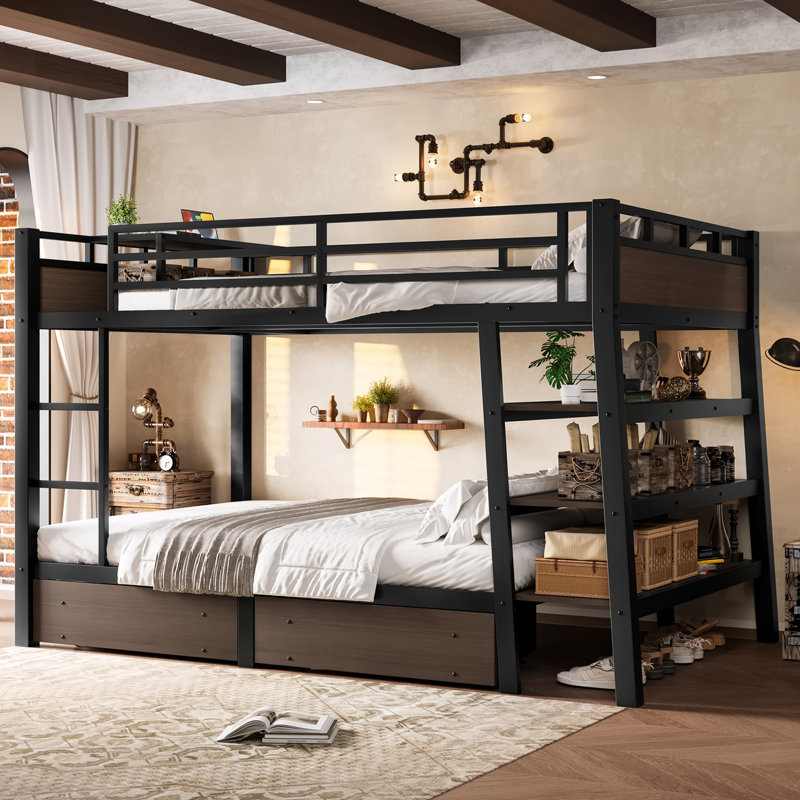 Full Size Metal Bunk Bed with Storage Shelves, Drawers, Guardrails & Built-In USB Charging Ports, Black, Full Over Full