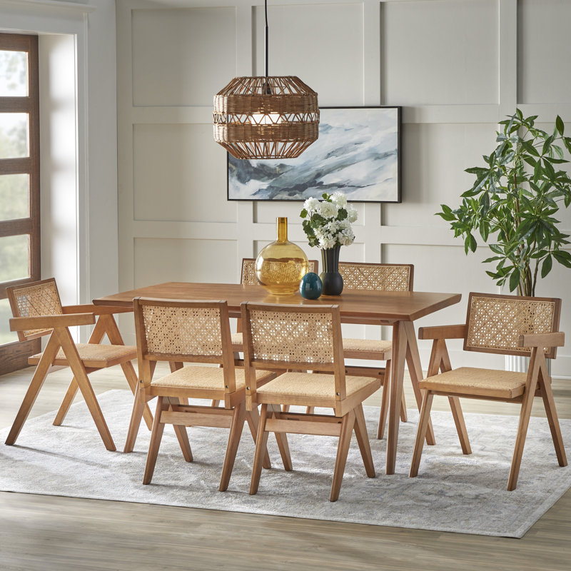 7  Piece Condit Live Edge Solid Wood and Rattan Dining Set