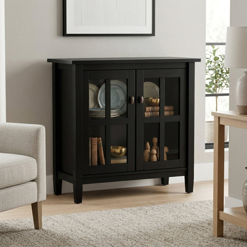 Armoire de rangement transitionnelle en bois massif l 32 po Warm Shaker avec portes en verre trempé et tablettes réglables