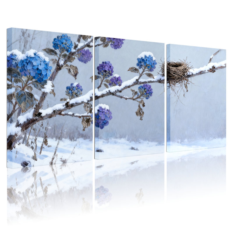 Winter Hydrangea and Bird Nest Canvas Wrapped Wall Art, Oil Painting Print (Set of 3), 36" H x 72" W