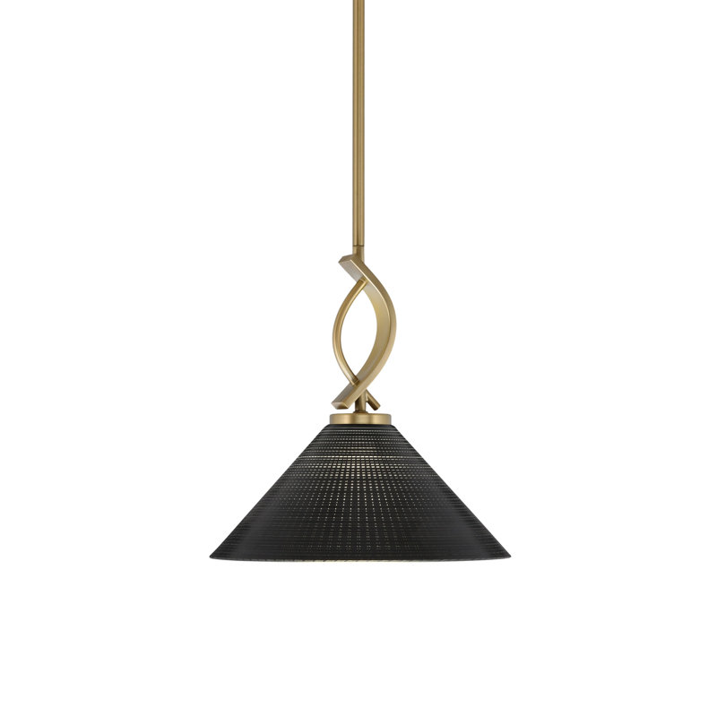 Zygi Stem Hung Mini Pendant Shown In New Age Brass Finish With 12" Black Matrix Glass