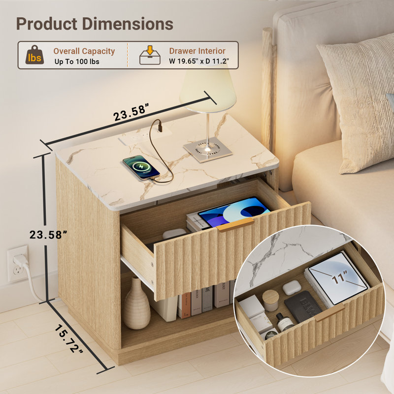 Seyla 23.6''W Fluted 1-Drawer Nightstand With Open Cubby, Wood Nightstand With Built-in Outlets (set Of 2), Natural Oak