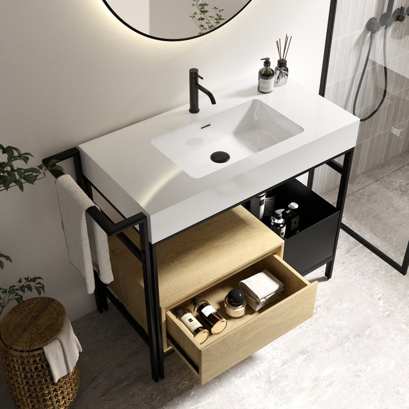 Meuble-lavabo de style industriel 36 po avec lavabo en pierre artificielle sans soudure, tiroir à fermeture en douceur et quincaillerie, convenant à