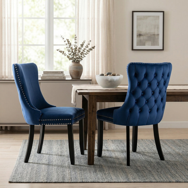 Meritxell Tufted Velvet Upholstered Back Parsons Chair Dining Chair, 2, Blue, Black
