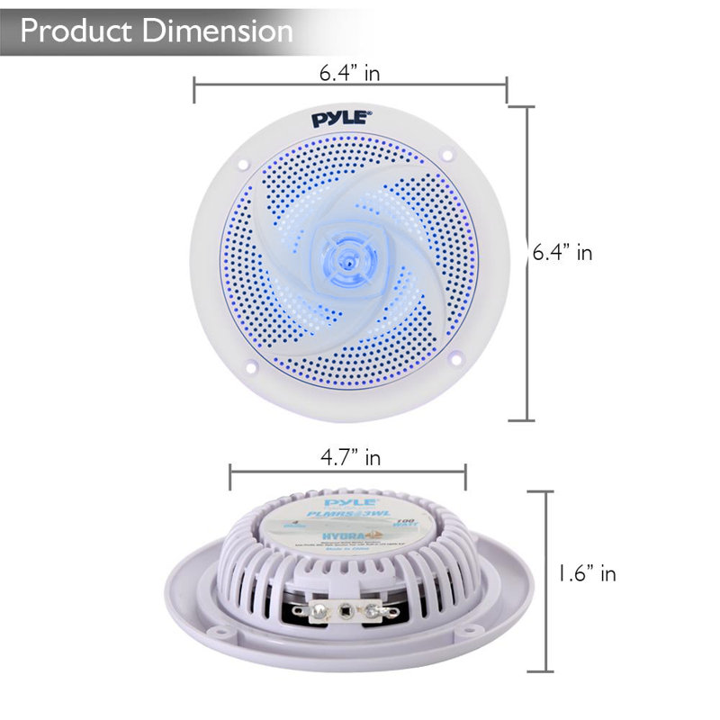 Haut-parleurs Pyle Marine - 5,25 pouces, 2 voies, imperméable et résistant aux intempéries, système audio stéréo avec lumières DEL, puissance de 180 watts et profil bas - 1 paire - Plmrs53bl