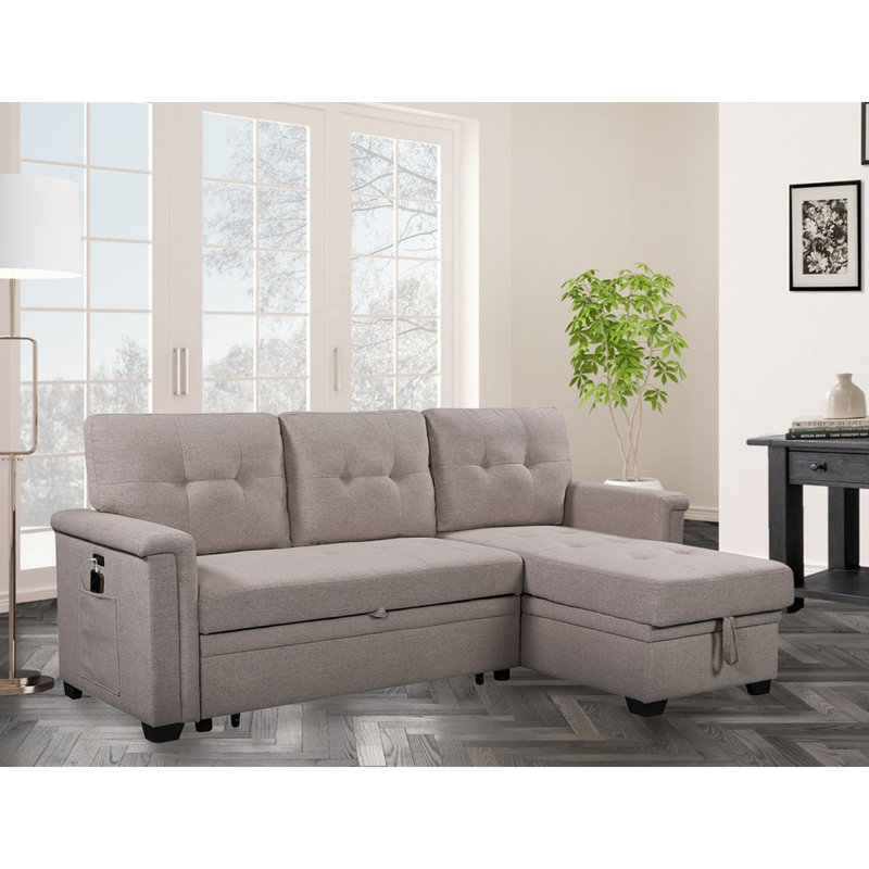 Canapé-lit modulaire réversible avec méridienne de rangement, ports de chargement USB et poche, Gris
