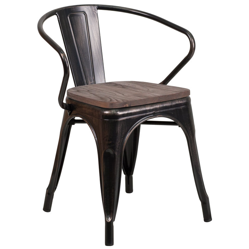 Paquet de 4 Chaise en métal avec assise et accoudoirs en bois, Noir / Doré antique