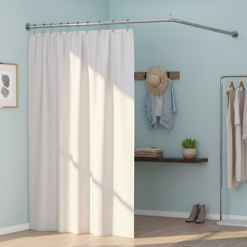 Tringle de douche d'angle réglable en L (24,3 po à 48 po), nickel brossé, 12 crochets et support