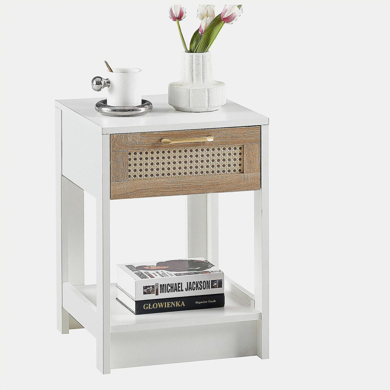 15.75" Rattan End table with  drawer, Modern nightstand, side table for living room, bedroom,white