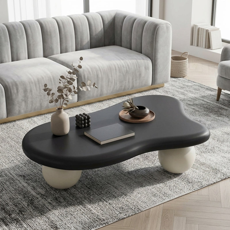 Table basse FFZ 47 po en forme de nuage avec 3 pieds boule et plateau en MDF blanc, 13.78" H x 47.2" L x 31.5" W, White