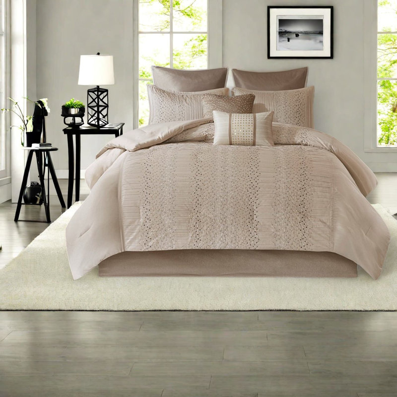 Luxurious Bedding Sets With Beige Faux Silk, Embroidered Texture For Home