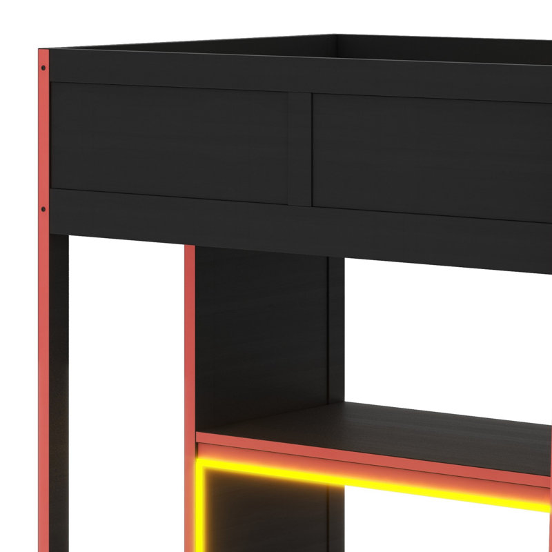Lit mezzanine en bois avec bureau, garde-robe, DEL et tiroir, Lit simple