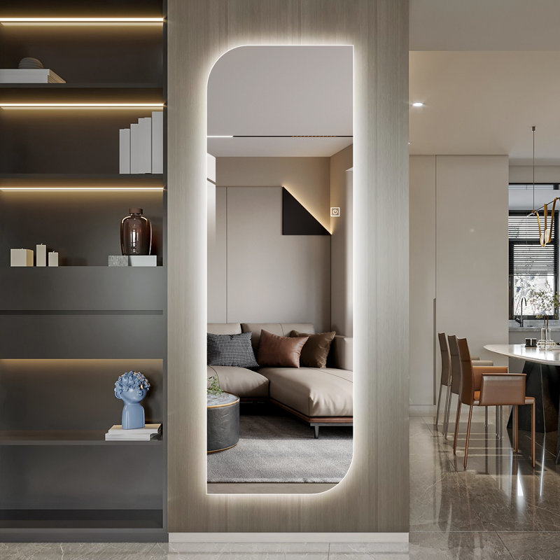 Miroir asymétrique rétroéclairé par DEL 65 po x 21 po, fixation murale, intensité variable, pleine longueur, verre argenté HD incassable de 5 mm, certifié UL IP44 (étanche à l'eau).