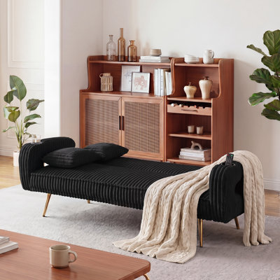 Le lit droit de 74,01 pouces en velours côtelé Torras avec coussins, réglable sur trois niveaux, est conçu dans un style minimaliste et convient aux salons et aux salles d'étude. noir