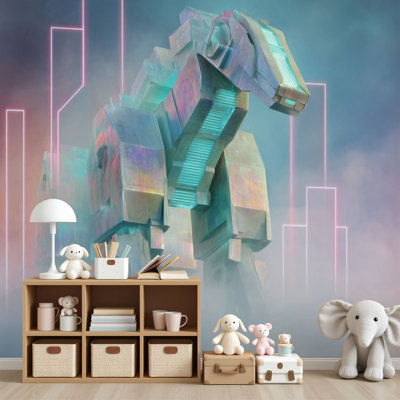 Papier peint adhésif pelez et collez, cheval robotique futuriste sortant de néons éclairés, paysage mural brumeux H 69 po x l 96 po, papier peint amovible en PVC, adhésif mural pour chambre à coucher, bureau à domicile