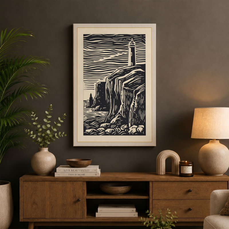 Lighthouse on Stone Coastal - Wrapped Canvas, Ochre Border, 30x20 - 76.2 x 50.8 cm